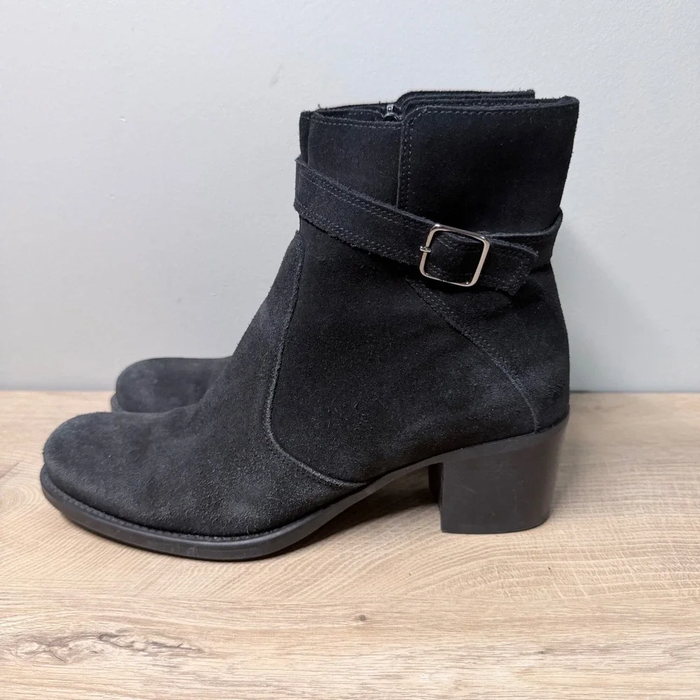 La Canadienne Ankle Boots Womens 9 Black Suede Waterproof‎ Buckle Block Heel